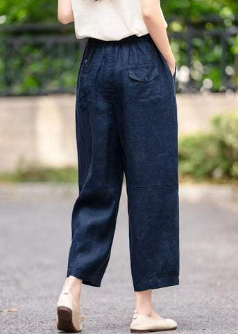 Pants Navy Waist Elastic Pockets Summer Crop Linen Handmade FashionChic