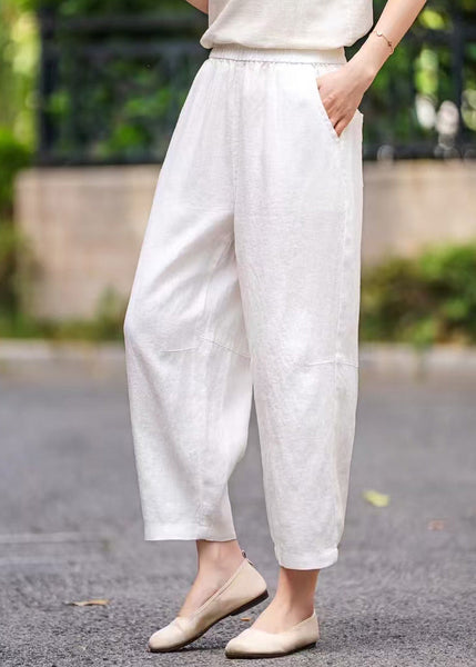 Pants Navy Waist Elastic Pockets Summer Crop Linen Handmade FashionChic