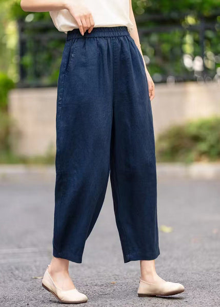Pants Navy Waist Elastic Pockets Summer Crop Linen Handmade FashionChic