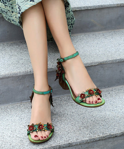 Handmade Orange Chunky Cowhide Leather Flower Peep Toe Sandals SL1003 Ada Fashion