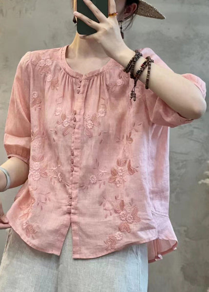 Handmade Orange Embroidered Button Linen Blouses Summer JH071 MMDM-STP240717