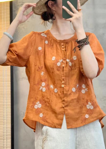Handmade Orange Embroidered Button Linen Blouses Summer JH071 MMDM-STP240717