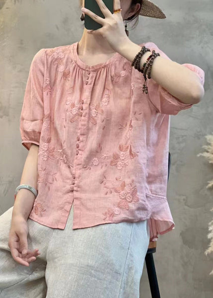 Handmade Orange Embroidered Button Linen Blouses Summer JH071 MMDM-STP240717