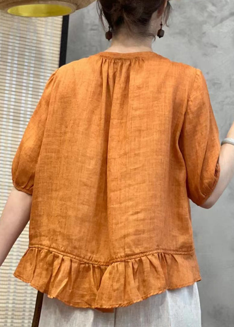 Handmade Orange Embroidered Button Linen Blouses Summer JH071 MMDM-STP240717