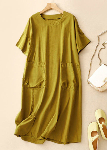 Handmade Orange O Neck Pockets Patchwork Cotton Dresses Summer AM1058 Genistyle Shop