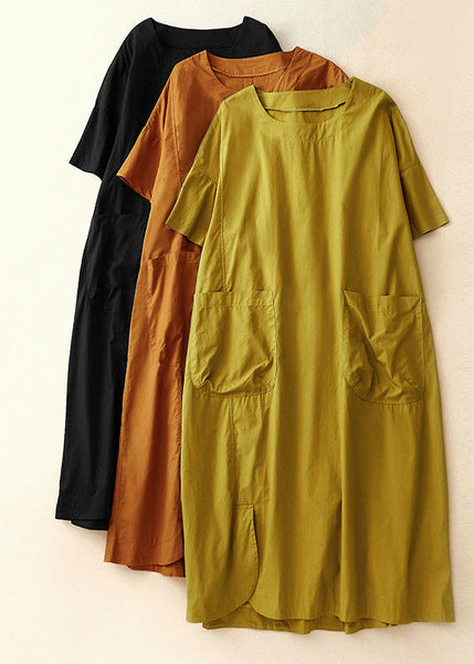 Handmade Orange O Neck Pockets Patchwork Cotton Dresses Summer AM1058 Genistyle Shop
