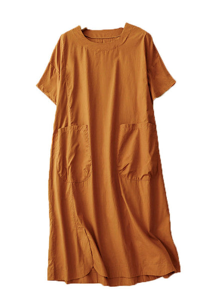Handmade Orange O Neck Pockets Patchwork Cotton Dresses Summer AM1058 Genistyle Shop