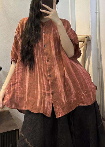 Handmade Orange O-Neck Striped Linen Shirts Half Sleeve VB1062 Ada Fashion