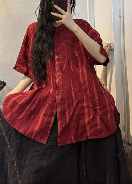 Handmade Orange O-Neck Striped Linen Shirts Half Sleeve VB1062 Ada Fashion