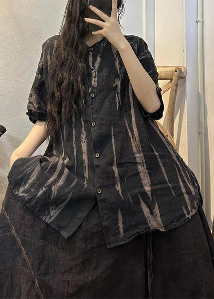 Handmade Orange O-Neck Striped Linen Shirts Half Sleeve VB1062 Ada Fashion