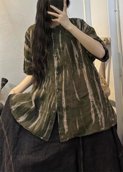 Handmade Orange O-Neck Striped Linen Shirts Half Sleeve VB1062 Ada Fashion