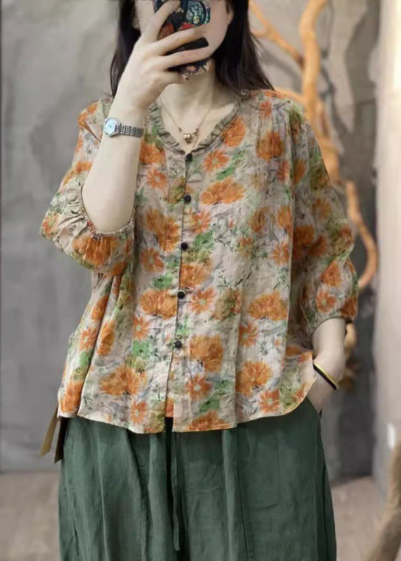 Ruffled Handmade Sleeve Orange Cotton Print Top Bracelet FashionChic