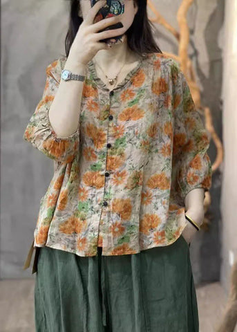 Ruffled Handmade Sleeve Orange Cotton Print Top Bracelet FashionChic