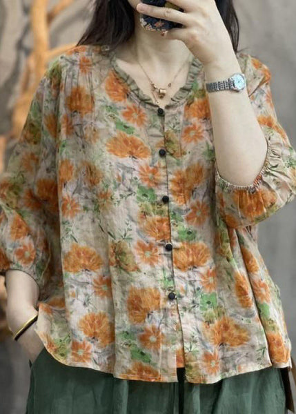 Ruffled Handmade Sleeve Orange Cotton Print Top Bracelet FashionChic