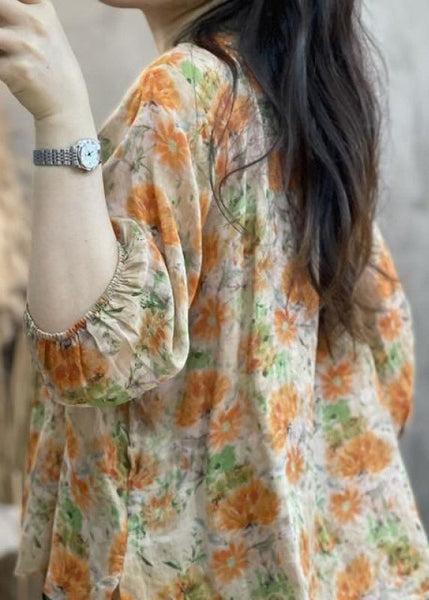 Ruffled Handmade Sleeve Orange Cotton Print Top Bracelet FashionChic