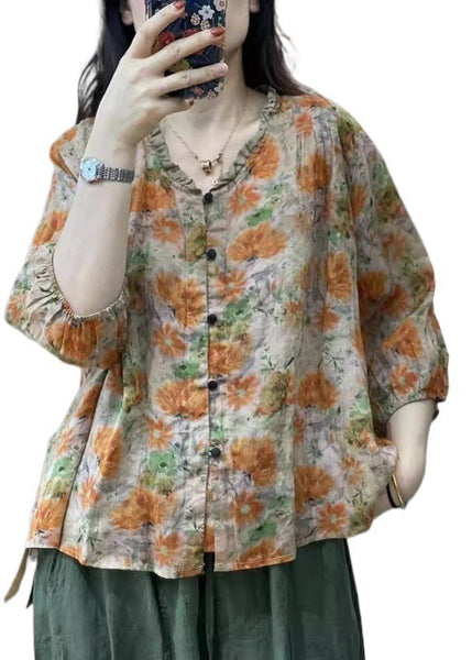 Ruffled Handmade Sleeve Orange Cotton Print Top Bracelet FashionChic