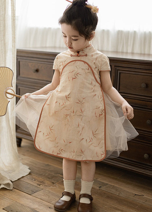 Handmade Orange Stand Collar Tulle Patchwork Kids Maxi Dresses Short Sleeve MN003 MM-RCTZ-SDL240701