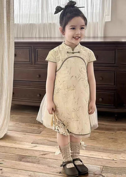 Handmade Orange Stand Collar Tulle Patchwork Kids Maxi Dresses Short Sleeve MN003 MM-RCTZ-SDL240701