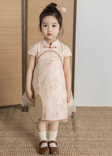 Handmade Orange Stand Collar Tulle Patchwork Kids Maxi Dresses Short Sleeve MN003 MM-RCTZ-SDL240701