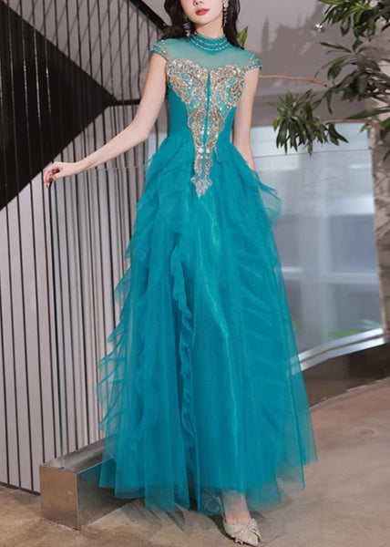 Ruffled Tulle Peacock Blue Dress Nail Summer Bead Handmade Party FashionChic