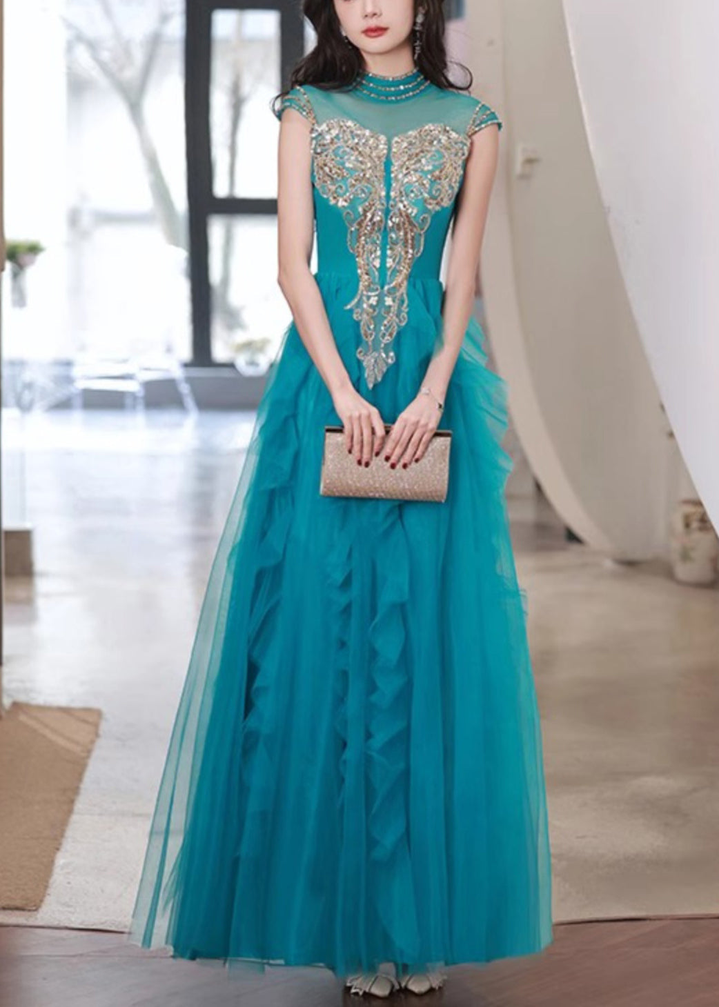 Ruffled Tulle Peacock Blue Dress Nail Summer Bead Handmade Party FashionChic
