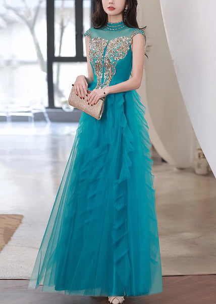 Ruffled Tulle Peacock Blue Dress Nail Summer Bead Handmade Party FashionChic