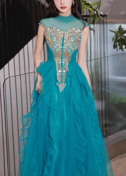 Ruffled Tulle Peacock Blue Dress Nail Summer Bead Handmade Party FashionChic