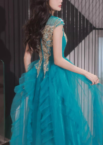 Ruffled Tulle Peacock Blue Dress Nail Summer Bead Handmade Party FashionChic