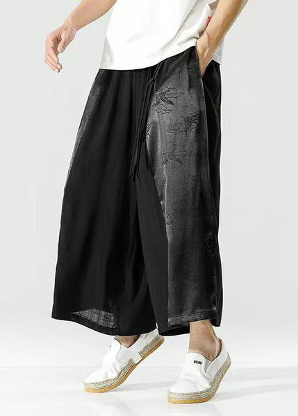 Handmade Peacock Blue Tasseled Patchwork Ice Silk Mens Crop Pants Summer SA059 Men-casual-MENCP240726