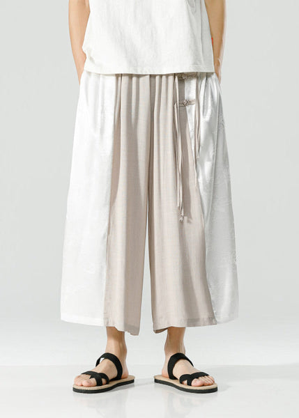 Handmade Peacock Blue Tasseled Patchwork Ice Silk Mens Crop Pants Summer SA059 Men-casual-MENCP240726