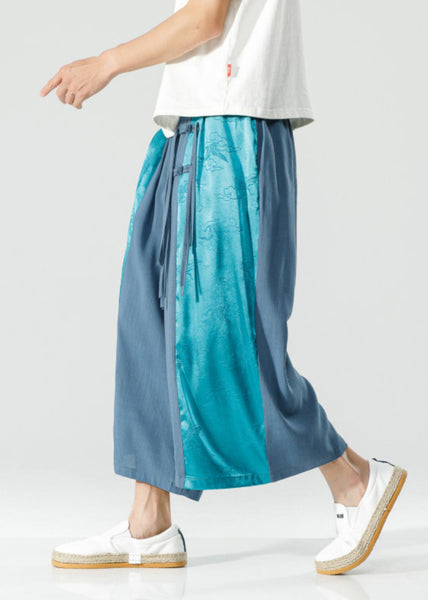 Handmade Peacock Blue Tasseled Patchwork Ice Silk Mens Crop Pants Summer SA059 Men-casual-MENCP240726