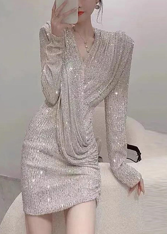 Handmade Photo Color V Neck Wrinkled Sequins Mid Dress Spring YZ074 ABC