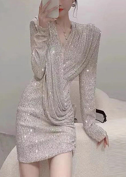 Handmade Photo Color V Neck Wrinkled Sequins Mid Dress Spring YZ074 ABC