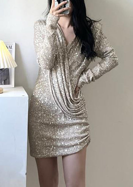 Handmade Photo Color V Neck Wrinkled Sequins Mid Dress Spring YZ074 ABC