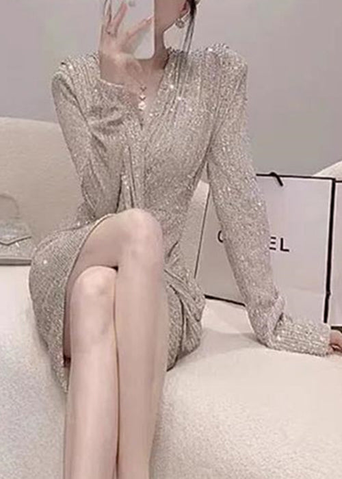 Handmade Photo Color V Neck Wrinkled Sequins Mid Dress Spring YZ074 ABC