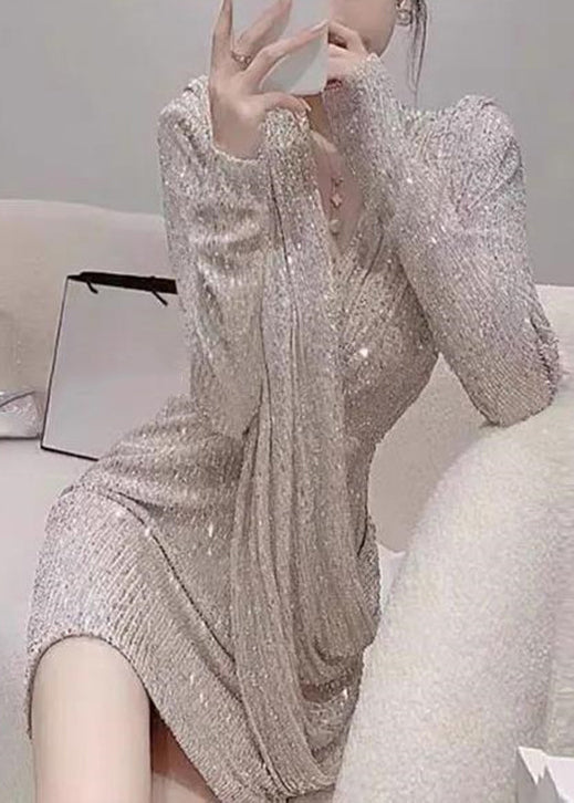 Handmade Photo Color V Neck Wrinkled Sequins Mid Dress Spring YZ074 ABC