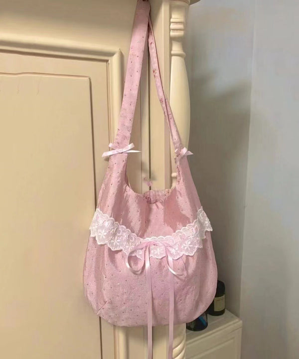 Handmade Pink Bow Lace Canvas Satchel Handbag WI032 Bag-BGS241105