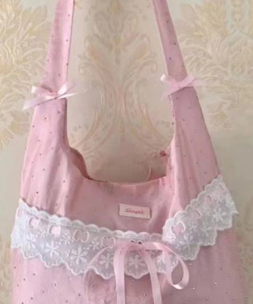 Handmade Pink Bow Lace Canvas Satchel Handbag WI032 Bag-BGS241105
