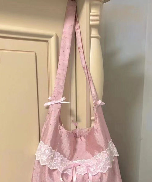 Handmade Pink Bow Lace Canvas Satchel Handbag WI032 Bag-BGS241105