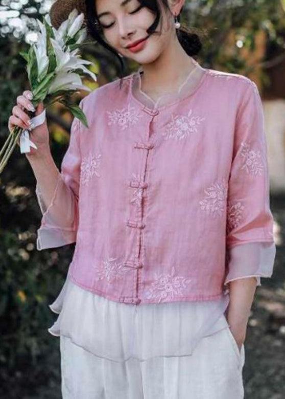 Handmade Pink O-Neck Embroidered Button Shirts Summer VV024 HS-HTP240627