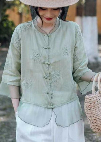 Handmade Pink O-Neck Embroidered Button Shirts Summer VV024 HS-HTP240627