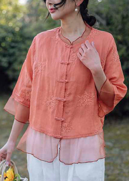 Handmade Pink O-Neck Embroidered Button Shirts Summer VV024 HS-HTP240627