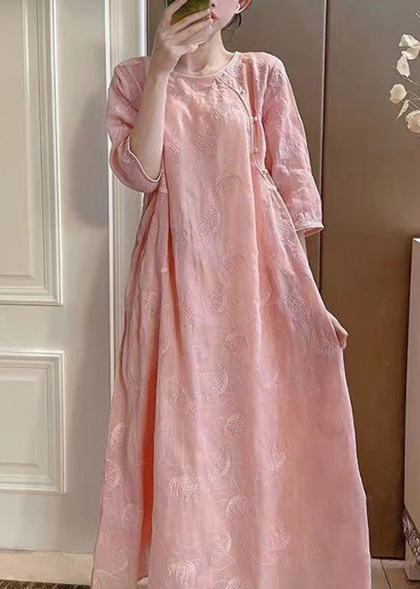 Handmade Pink O-Neck Embroidered Linen Long Dresses Summer XX036 SH-LF-SDL240611