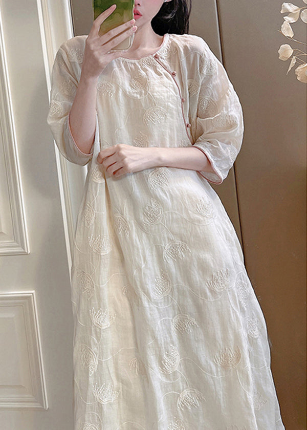 Handmade Pink O-Neck Embroidered Linen Long Dresses Summer XX036 SH-LF-SDL240611