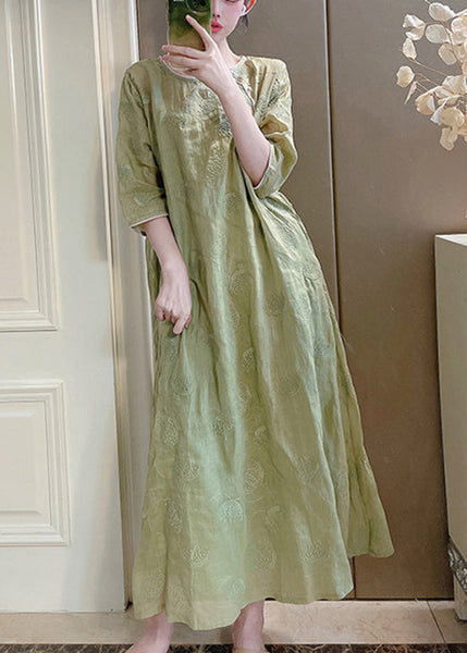 Handmade Pink O-Neck Embroidered Linen Long Dresses Summer XX036 SH-LF-SDL240611