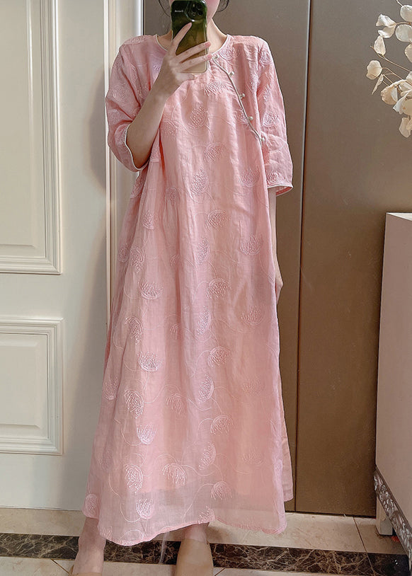 Handmade Pink O-Neck Embroidered Linen Long Dresses Summer XX036 SH-LF-SDL240611