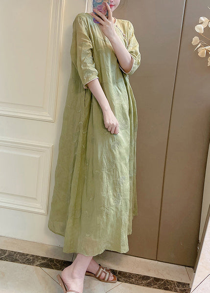 Handmade Pink O-Neck Embroidered Linen Long Dresses Summer XX036 SH-LF-SDL240611