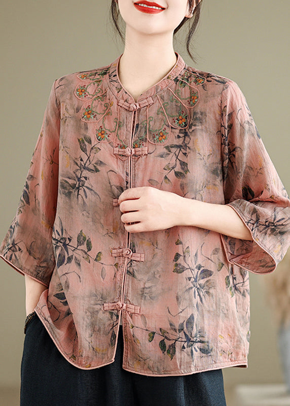 Handmade Pink O-Neck Print Embroidered Button Top Half Sleeve AP012 GK-HTP240718