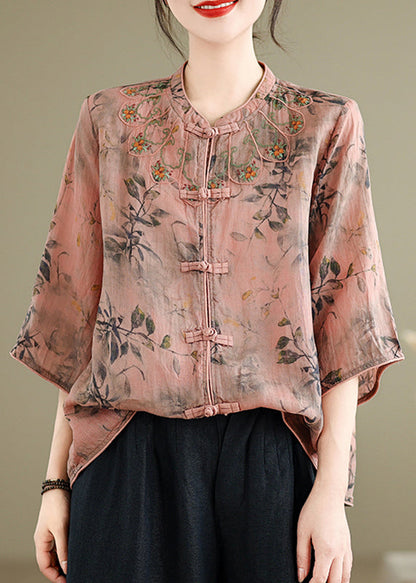 Handmade Pink O-Neck Print Embroidered Button Top Half Sleeve AP012 GK-HTP240718