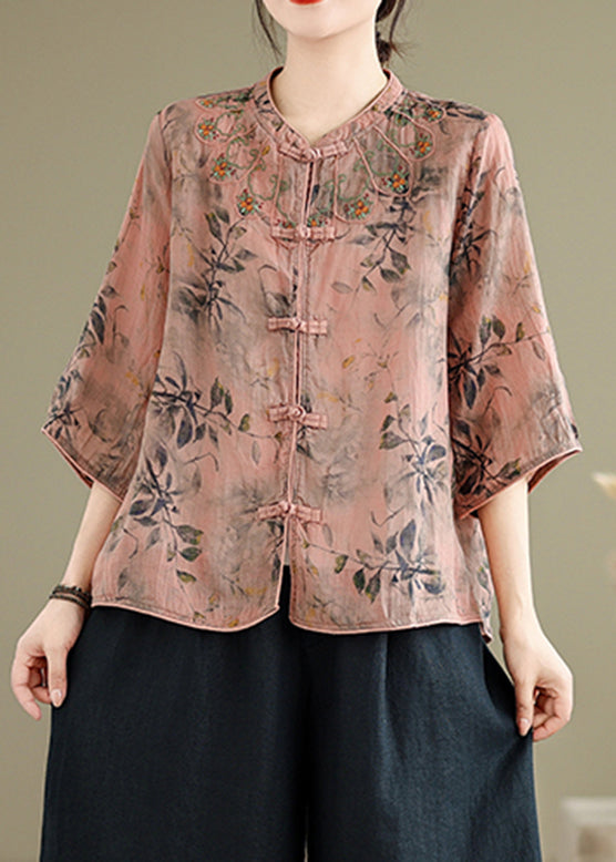 Handmade Pink O-Neck Print Embroidered Button Top Half Sleeve AP012 GK-HTP240718